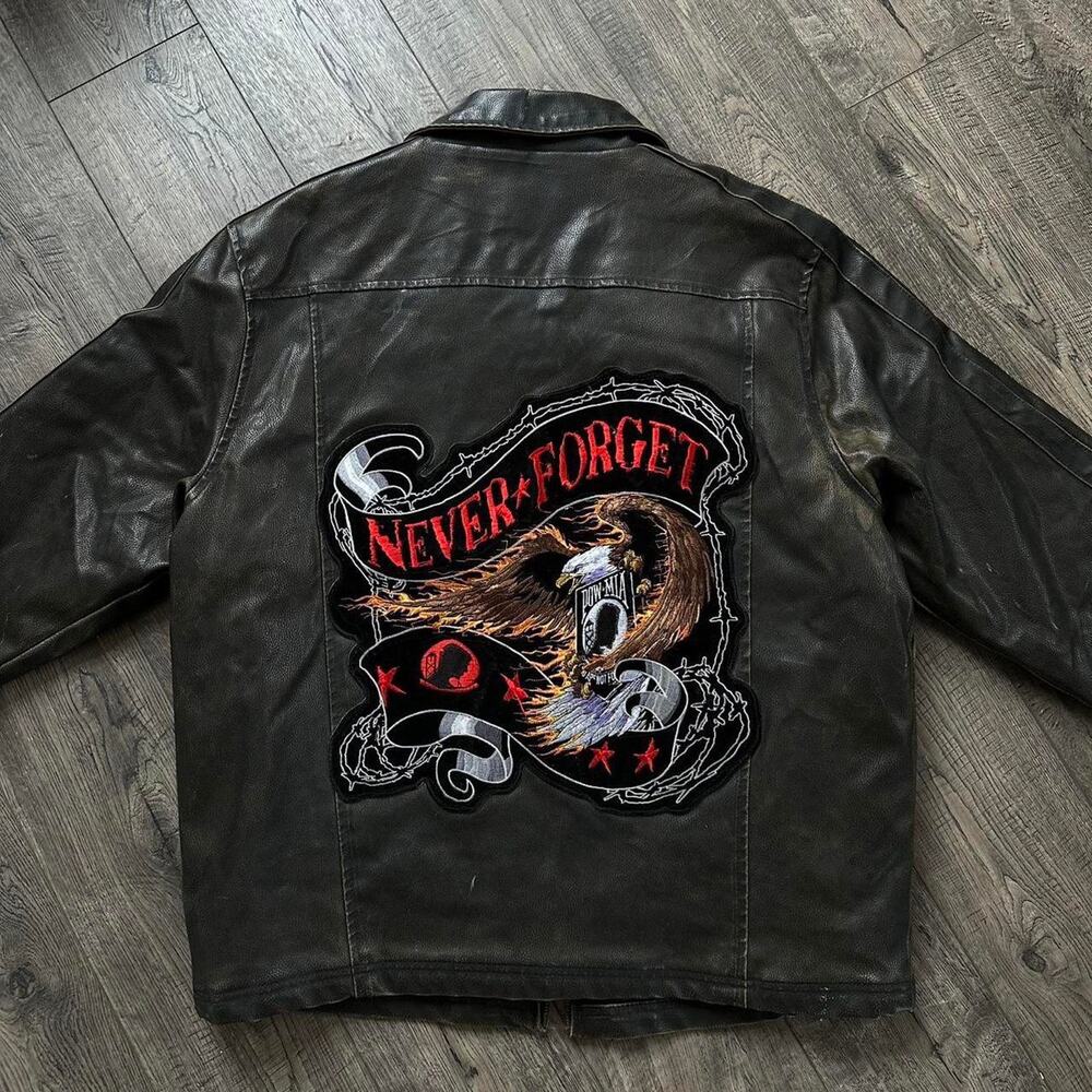 Vintage 90s Biker USA America POW Mar Marines Leather Jacket